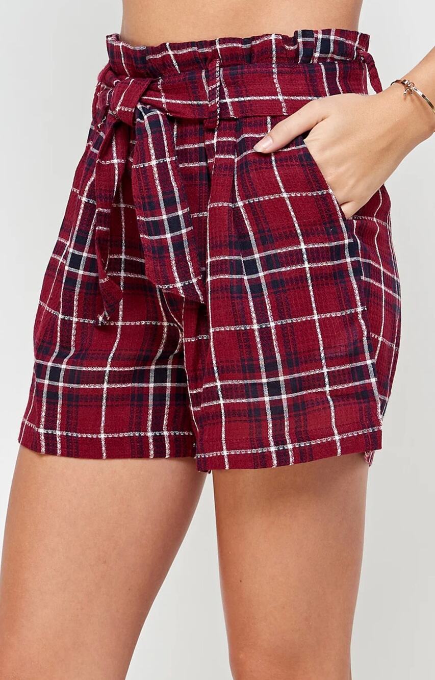 En Creme Cotton and linen Jade Burgundy and Black Plaid Paper Bag Shorts M NWT
